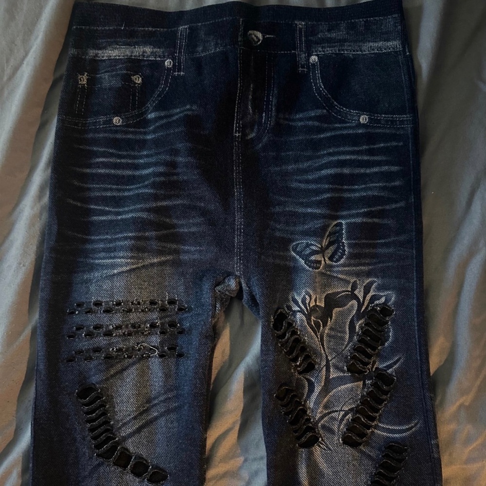 PRINTED DENIM JEAN LEGGINGS WITH RIPS AND DESIGNS ONE SIZE